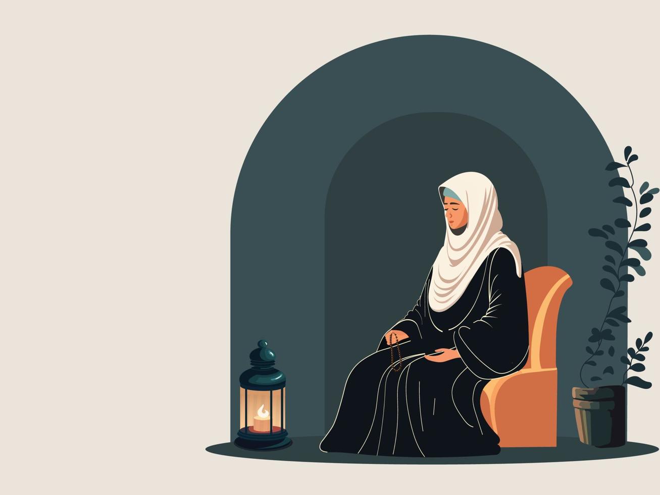 Muslim Frau Charakter beten mit tasbih auf Sessel mit beleuchtet Arabisch Lampe und Pflanze Topf. islamisch Festival Konzept. vektor