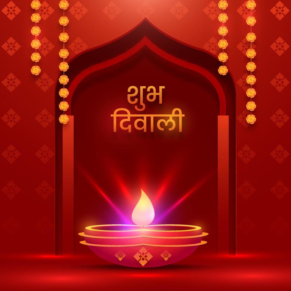 hindi text av shubh diwali med upplyst olja lampa och ringblomma blomma krans dekorerad på röd dörr form bakgrund. vektor