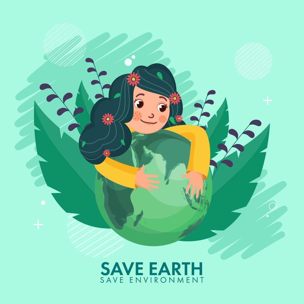 söt flicka innehav jord klot med löv på grön bakgrund för spara jord miljö begrepp. vektor