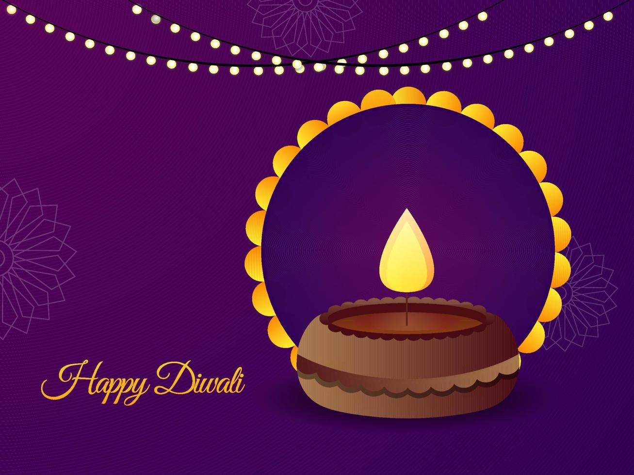 glücklich Diwali Schriftart mit beleuchtet Öl Lampe, leeren kreisförmig Rahmen und Beleuchtung Girlande auf lila Hintergrund. vektor