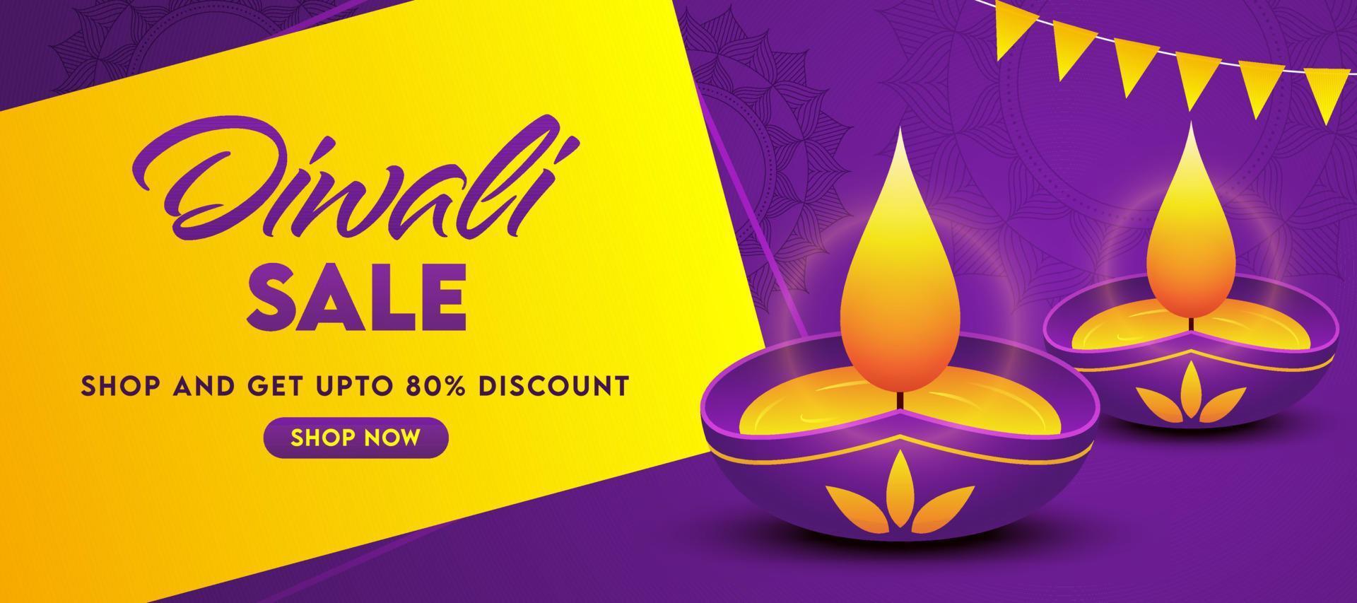 Diwali Verkauf Header oder Banner Design mit Rabatt Angebot und zündete Öl Lampen auf lila und Gelb Hintergrund. vektor