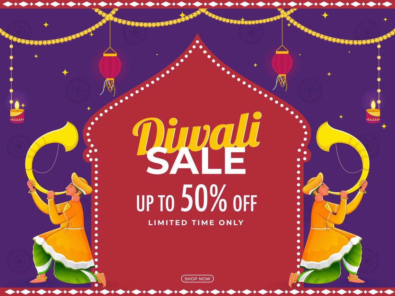 Diwali Verkauf Poster Design mit traditionell tutari Spieler Illustration. vektor