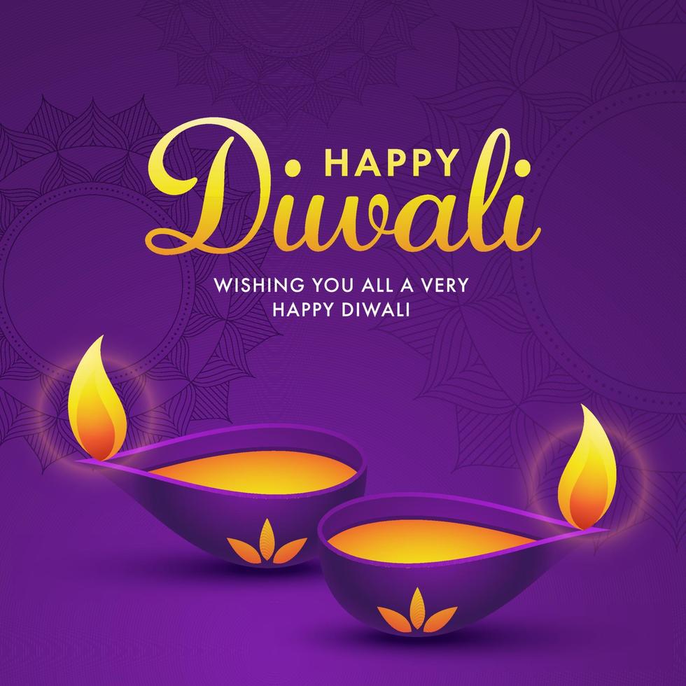 önskar du Allt en mycket Lycklig diwali text med belyst olja lampor på lila mandala mönster bakgrund. vektor