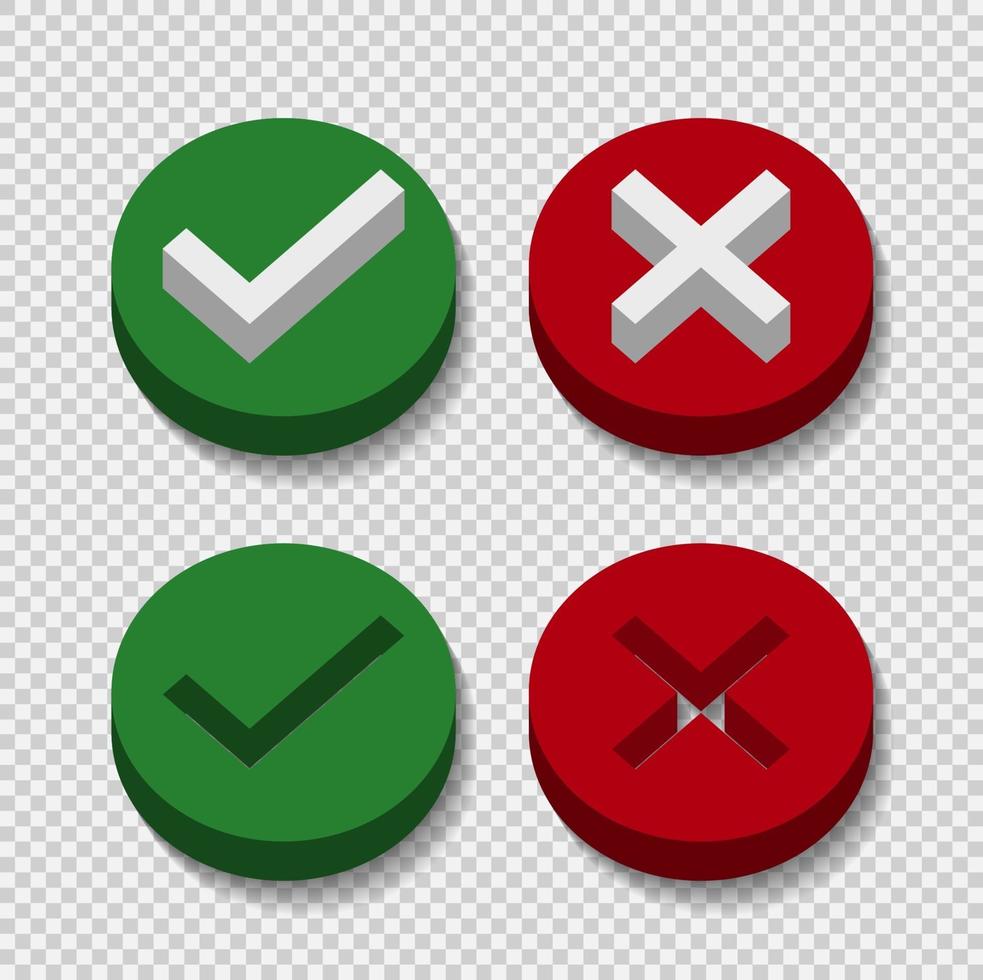 Symbol Ja oder Nein Symbol, 3d, grün, rot auf transparentem Hintergrund. Vektor Illustration