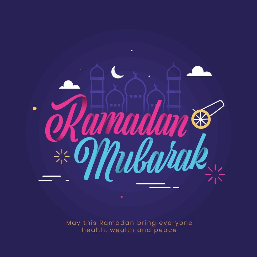 islamisch heilig Monat von Ramadan Mubarak Konzept mit bunt Text und Strichzeichnungen Illustration von Moschee, Halbmond Mond und Wolken. vektor