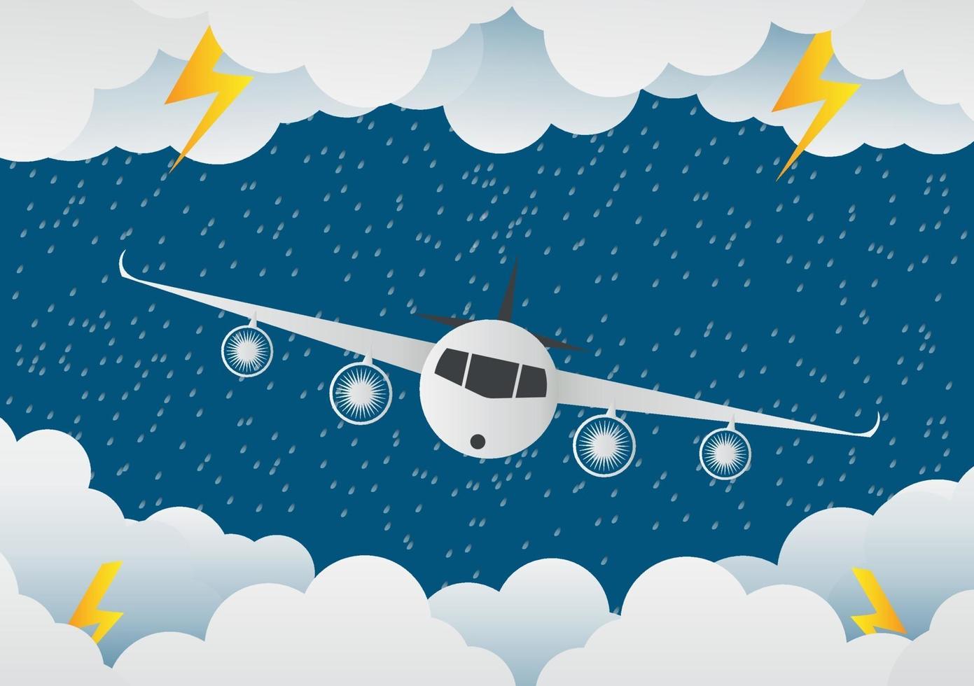 Das Flugzeug fliegt durch Wolken. Regentag und Blitz in den Wolken, Vektorillustration. auf abstraktem Hintergrund.Papier Art.Vektor Illustration vektor