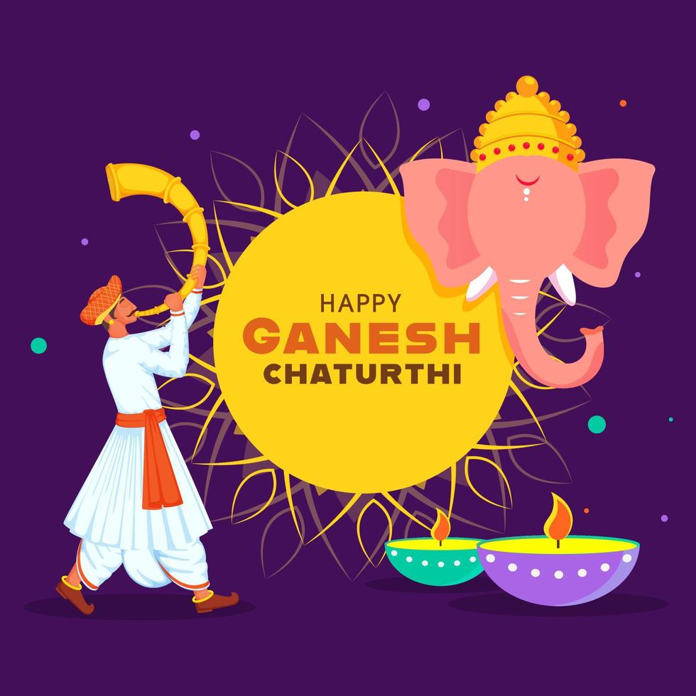 glücklich Ganesh Chaturthi Text mit Herr Ganesha Gesicht, beleuchtet Öl Lampe und Maharashtrian Mann weht tutari Horn auf lila Hintergrund. vektor