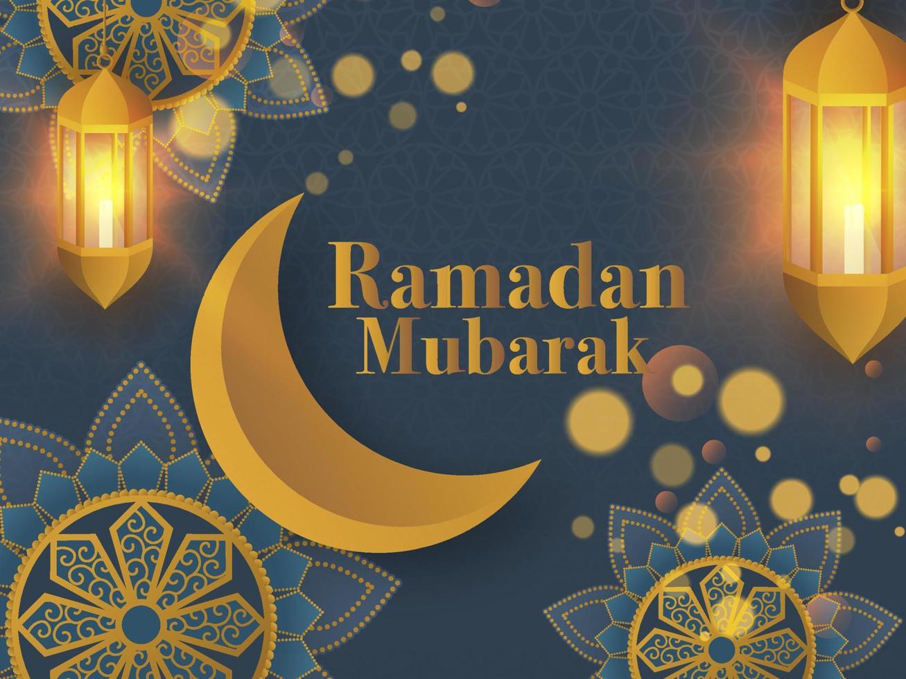 islamic helig månad av ramadan mubarak begrepp med gyllene halvmåne måne och upplyst lyktor, utsökt blommig mönster på grå bakgrund. vektor