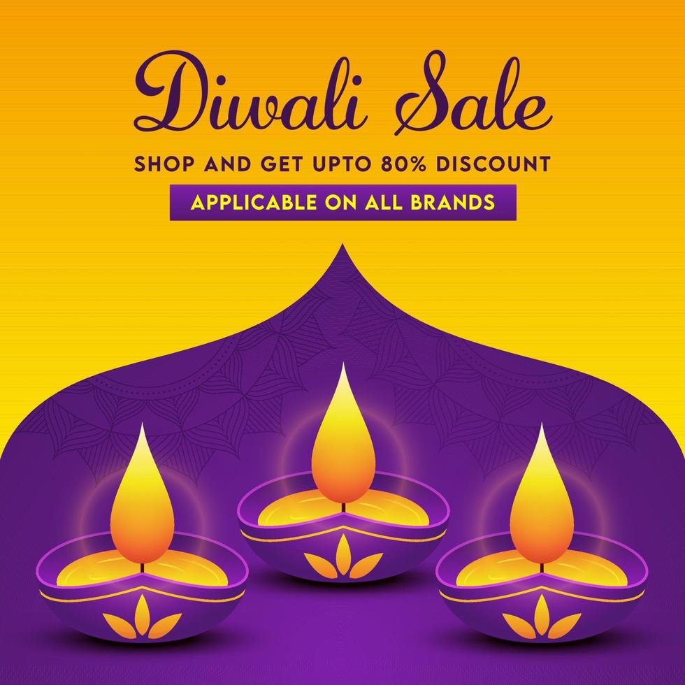 Diwali Verkauf Poster Design mit Rabatt Angebot und zündete Öl Lampen auf Gelb und lila Hintergrund. vektor