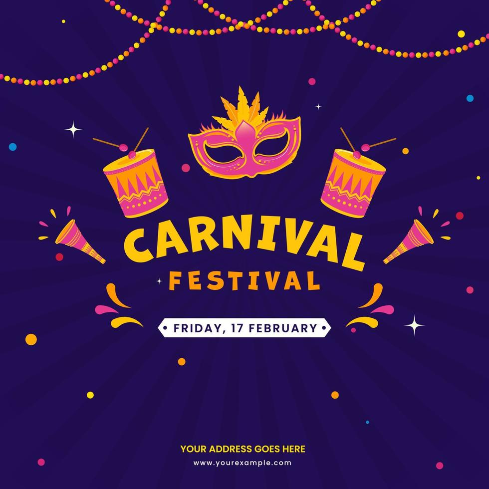 Karneval Festival Poster Design mit Party Maske, Schlagzeug, vuvuzela dekoriert auf dunkel violett Strahlen Hintergrund. vektor