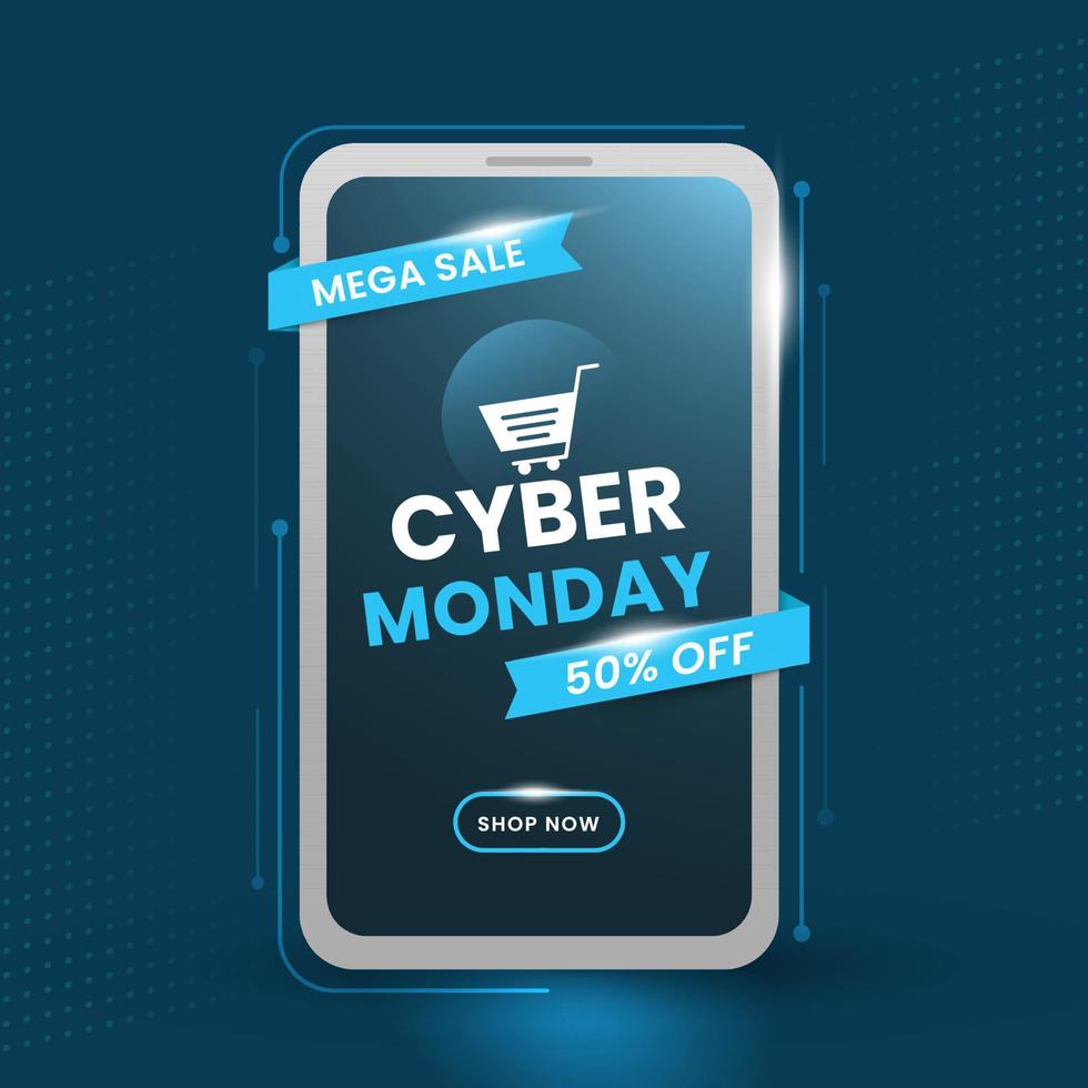 cyber måndag mega försäljning app i smartphone med rabatt erbjudande på kricka blå bakgrund. vektor