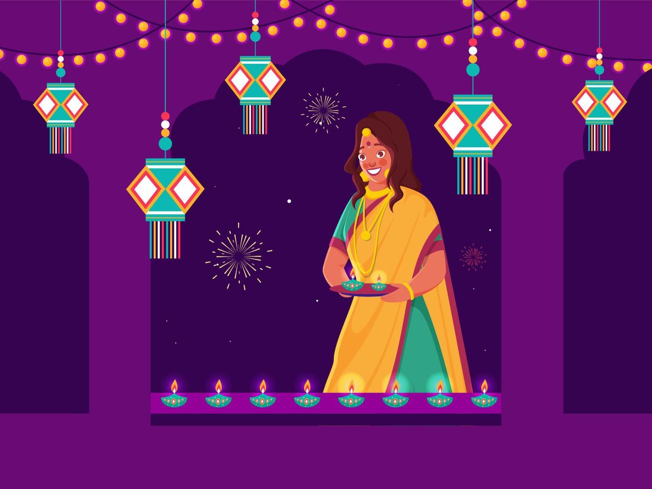 illustration av indisk kvinna innehav tallrik av upplyst olja lampor med hängande lyktor och belysning krans dekorerad på lila fönster bakgrund. vektor