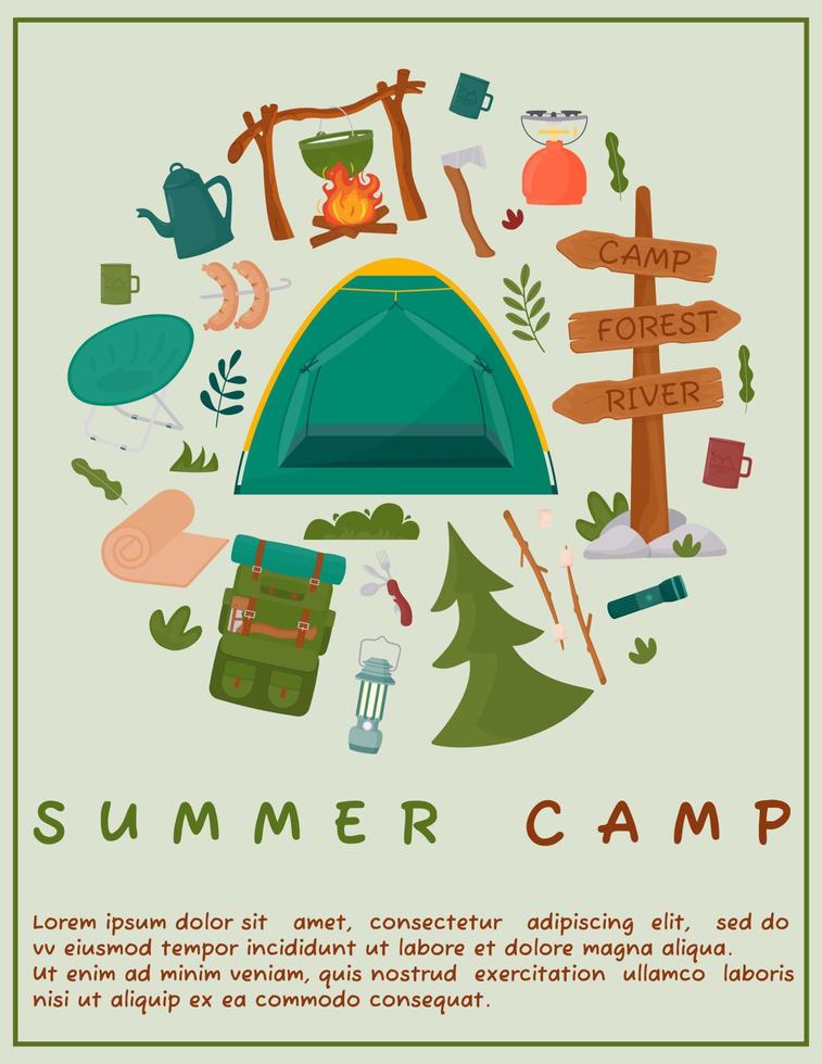 a4 affisch för sommar camping, resa, resa, vandring, turist, natur, resa, picknick. design av en affisch, baner, folder, omslag, särskild erbjudande, annons. vektor illustration i en platt stil.