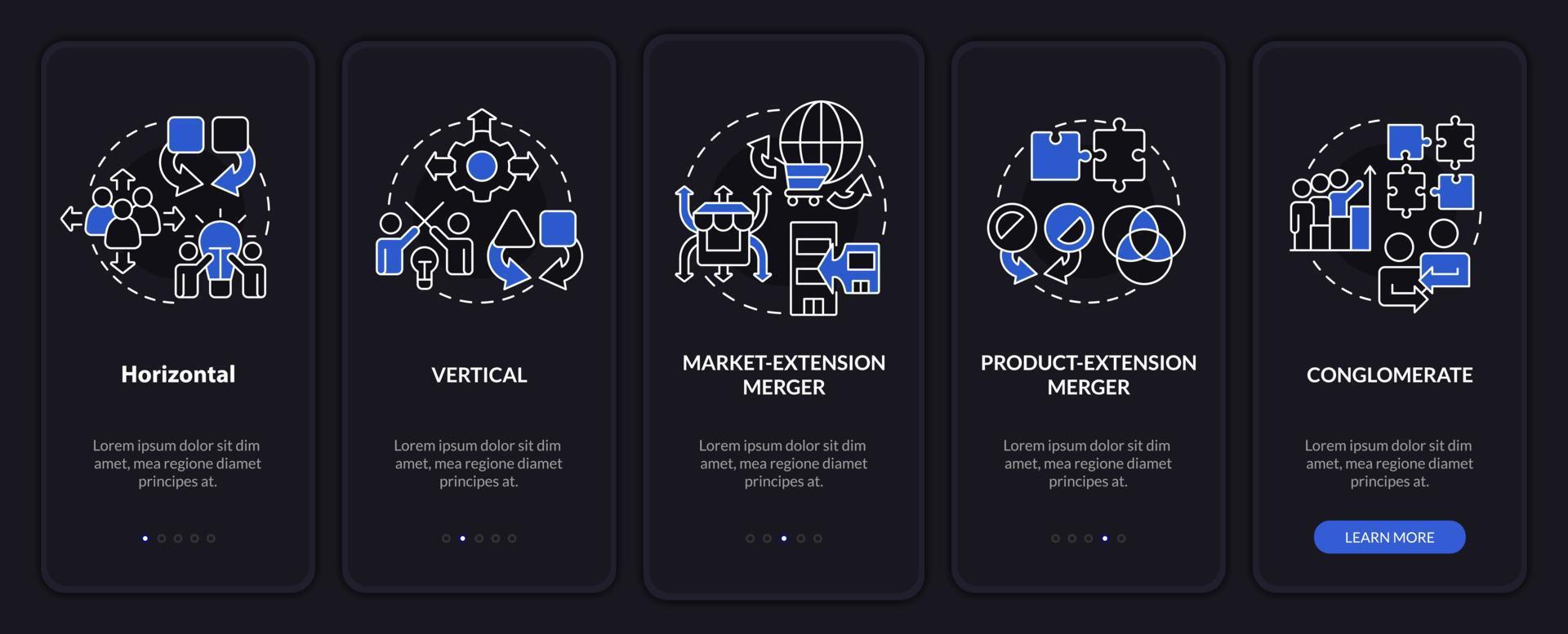 Typen von Fusionen Nacht Modus Onboarding Handy, Mobiltelefon App Bildschirm. Prozesse Komplettlösung 5 Schritte editierbar Grafik Anleitung mit linear Konzepte. ui, ux, gui Vorlage vektor