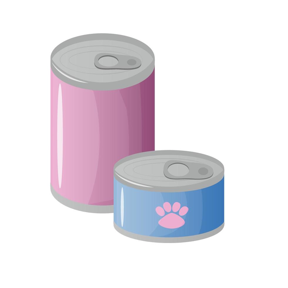Haustiere Essen im Blau und Rosa Metall Behälter mit Fußabdruck Etikett. Vektor Illustration