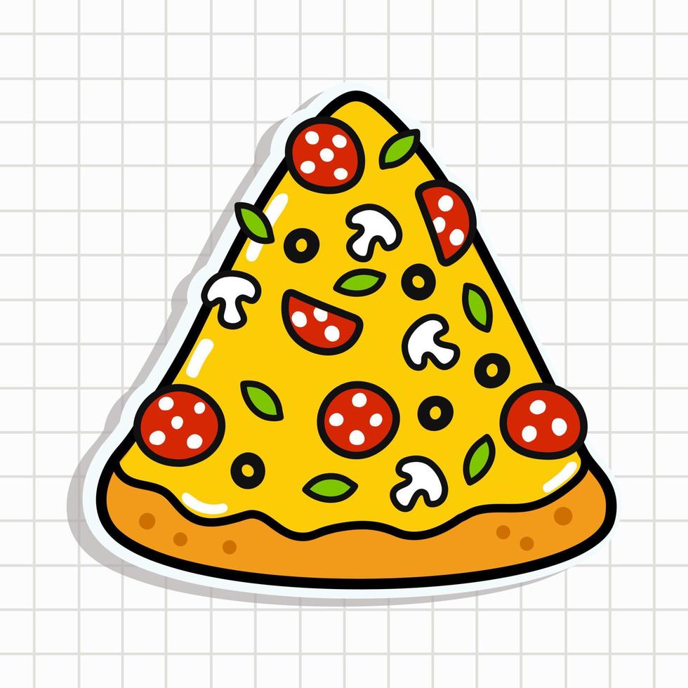 süß Stück von Pizza Aufkleber. Vektor Hand gezeichnet Karikatur kawaii Charakter Illustration Symbol. isoliert auf Hintergrund. Stück von Pizza Charakter Konzept