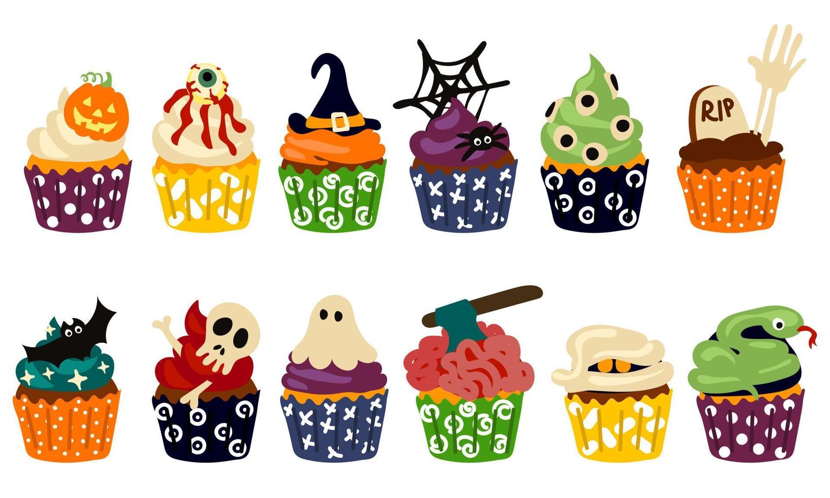 ein groß einstellen von Cupcakes zum Halloween im das Stil von Wohnung. unheimlich dekoriert Cupcakes, thematisch wenig Kuchen zum Oktober 31 und ein unheimlich Dessert einstellen von Karikatur Vektor Illustrationen. Backen zum Halloween