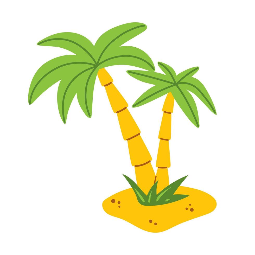 vektor handflatan träd i platt design. två handflatan träd på de strand. tropisk kokos träd med grön löv. exotisk sommar landskap med handflatan träd.