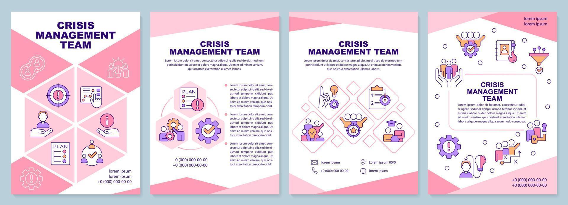 Krise Verwaltung Mannschaft Rosa Broschüre Vorlage. Flugblatt Design mit linear Symbole. editierbar 4 Vektor Layouts zum Präsentation, jährlich Berichte