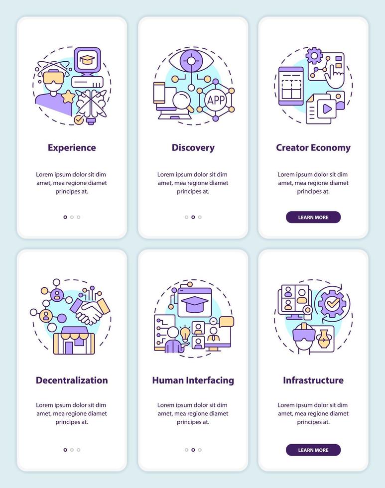 skikten av metavers teknologi onboarding mobil app skärmar uppsättning. genomgång 3 steg redigerbar grafisk instruktioner med linjär begrepp. ui, ux, gui mall vektor