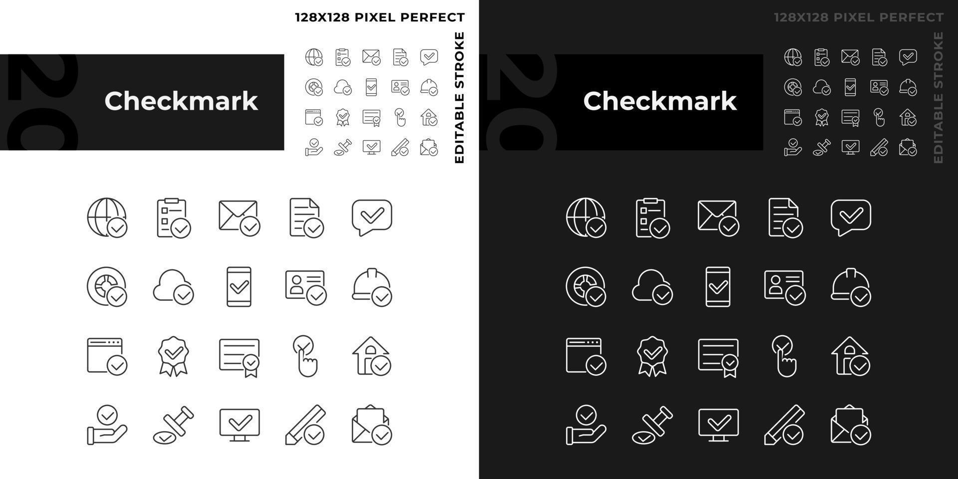 Häkchen Pixel perfekt linear Symbole einstellen zum dunkel, Licht Modus. Information Validierung Zeichen. Markierungen zum richtig Daten. dünn Linie Symbole zum Nacht, Tag Thema. isoliert Illustrationen. editierbar Schlaganfall vektor