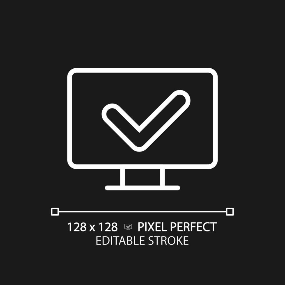Computer mit prüfen Kennzeichen Pixel perfekt Weiß linear Symbol zum dunkel Thema. richtig Arbeit von Stk. Installieren Anti Malware Software. dünn Linie Illustration. isoliert Symbol zum Nacht Modus. editierbar Schlaganfall vektor