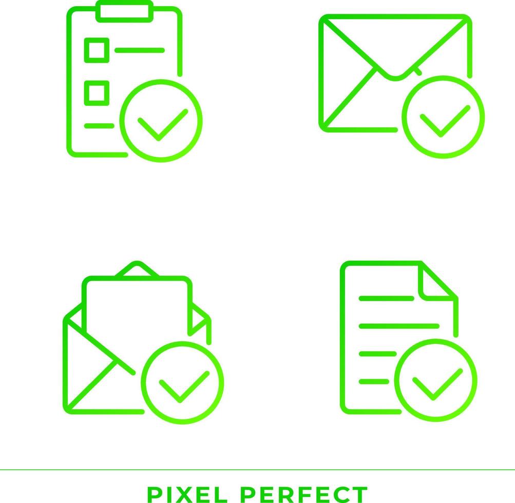 dokument med bockar pixel perfekt lutning linjär vektor ikoner uppsättning. godkännande av företag papper. tunn linje kontur symbol mönster bunt. isolerat översikt illustrationer samling