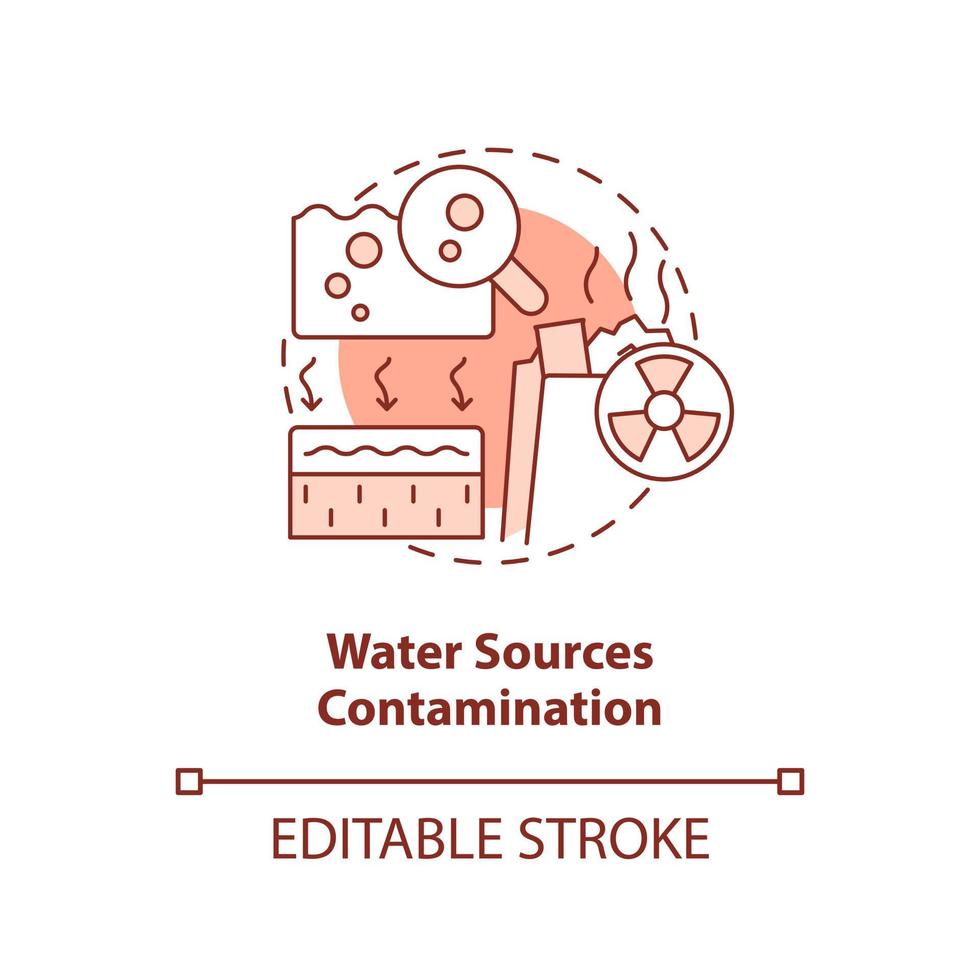 Wasser Quellen Kontamination rot Konzept Symbol. geothermisch Energie Nachteil abstrakt Idee dünn Linie Illustration. isoliert Gliederung Zeichnung. editierbar Schlaganfall vektor