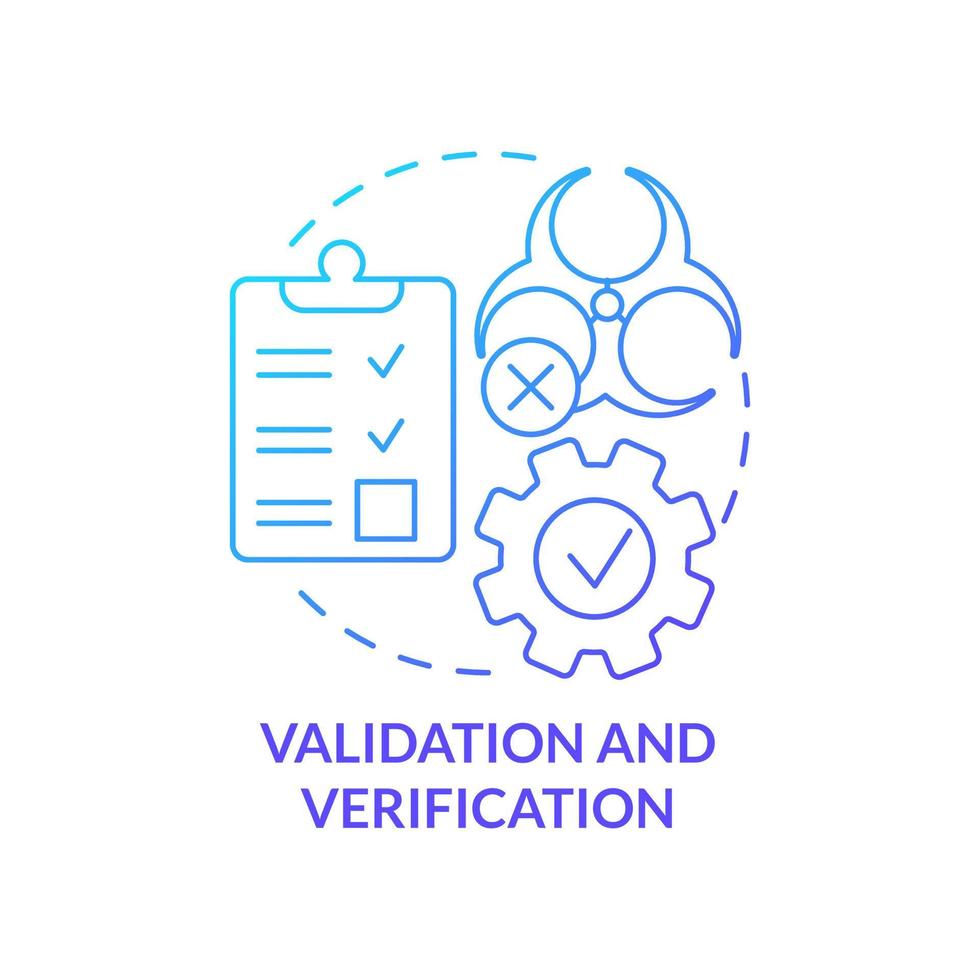 Validierung und Nachprüfung Blau Gradient Konzept Symbol. Untersuchung Aktion planen. haccp Prinzip abstrakt Idee dünn Linie Illustration. isoliert Gliederung Zeichnung vektor