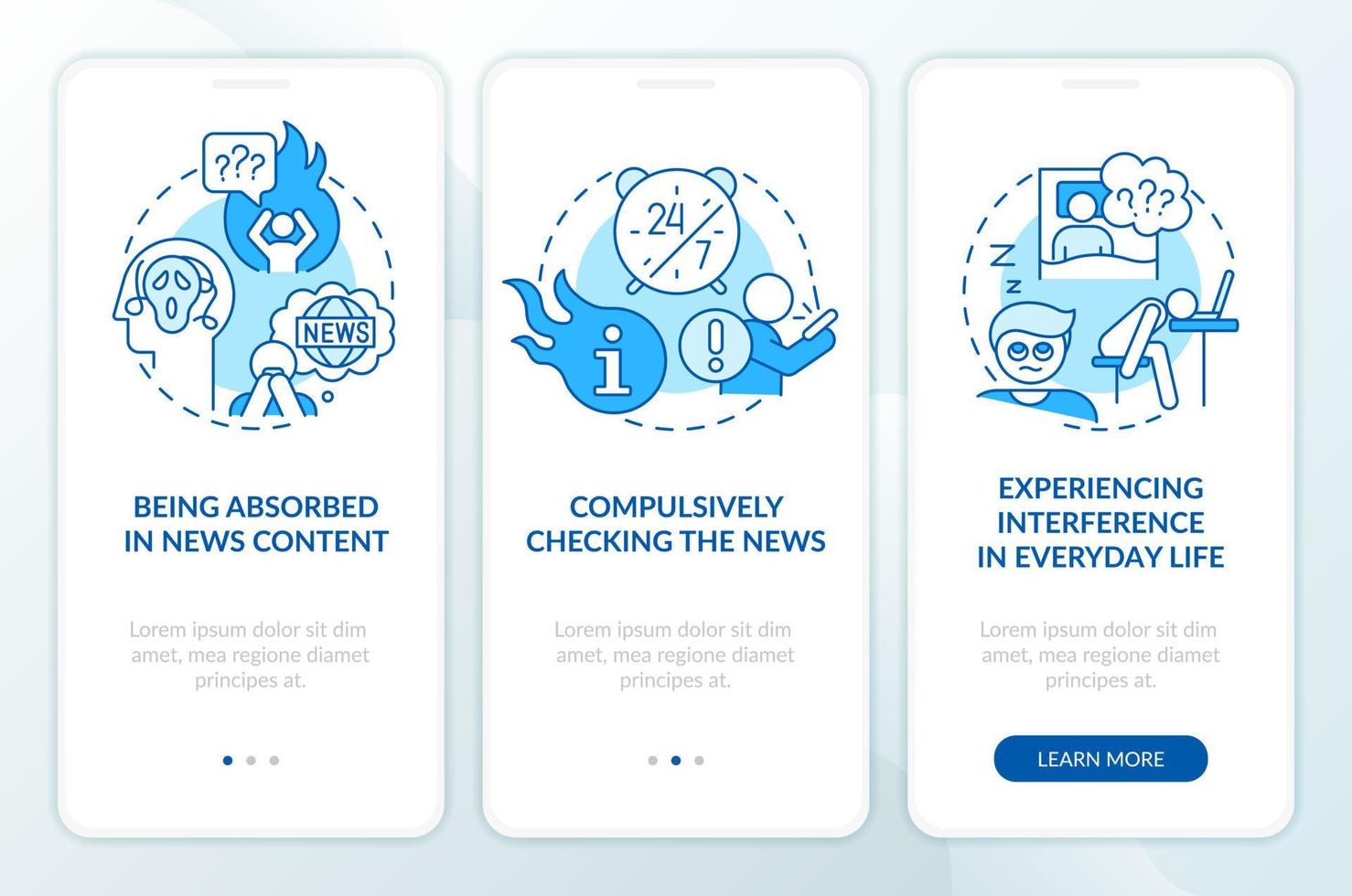 negativ effekter av digital media blå onboarding mobil app skärm. genomgång 3 steg redigerbar grafisk instruktioner med linjär begrepp. ui, ux, gui mall vektor