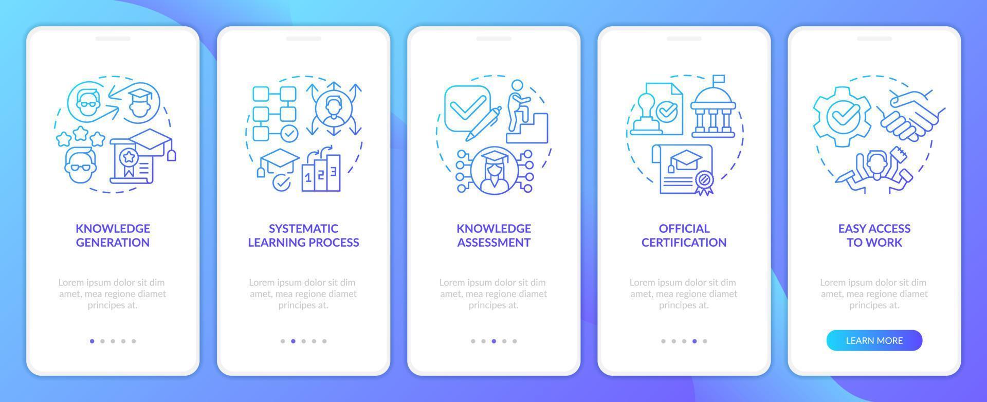 Vorteile von formal Bildung Blau Gradient Onboarding Handy, Mobiltelefon App Bildschirm. Komplettlösung 5 Schritte Grafik Anleitung mit linear Konzepte. ui, ux, gui Vorlage vektor