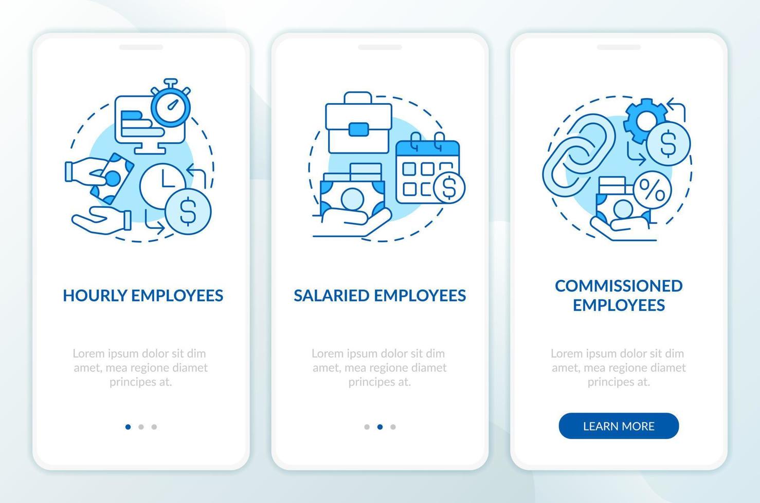 löner bearbetning metoder blå onboarding mobil app skärm. lön genomgång 3 steg redigerbar grafisk instruktioner med linjär begrepp. ui, ux, gui mall vektor