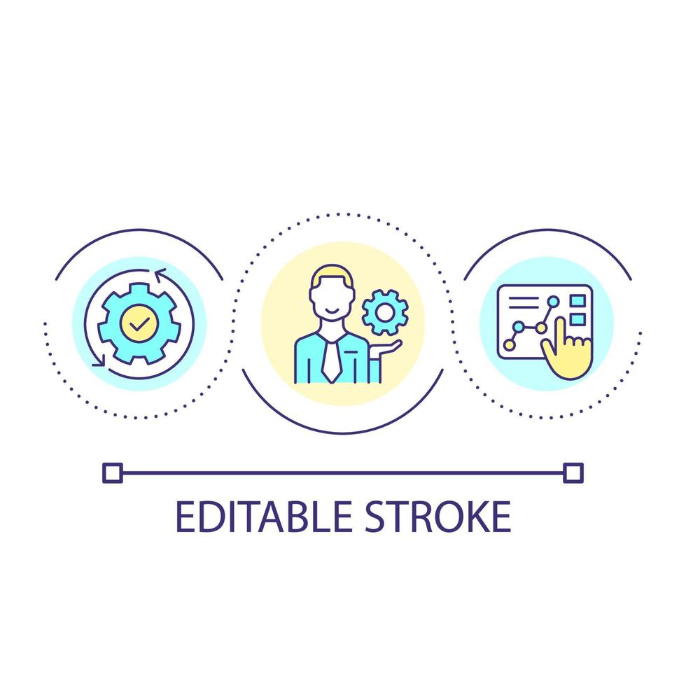 optimering bearbeta slinga begrepp ikon. analysera prestanda. företag konsult. förbättra produktivitet abstrakt aning tunn linje illustration. isolerat översikt teckning. redigerbar stroke vektor