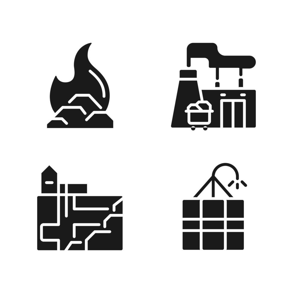 Kohle wird bearbeitet schwarz Glyphe Symbole einstellen auf Weiß Raum. Fossil Treibstoff Leistung Pflanze. Kohle Verbrennung. Energie Generation. Silhouette Symbole. solide Piktogramm Pack. Vektor isoliert Illustration