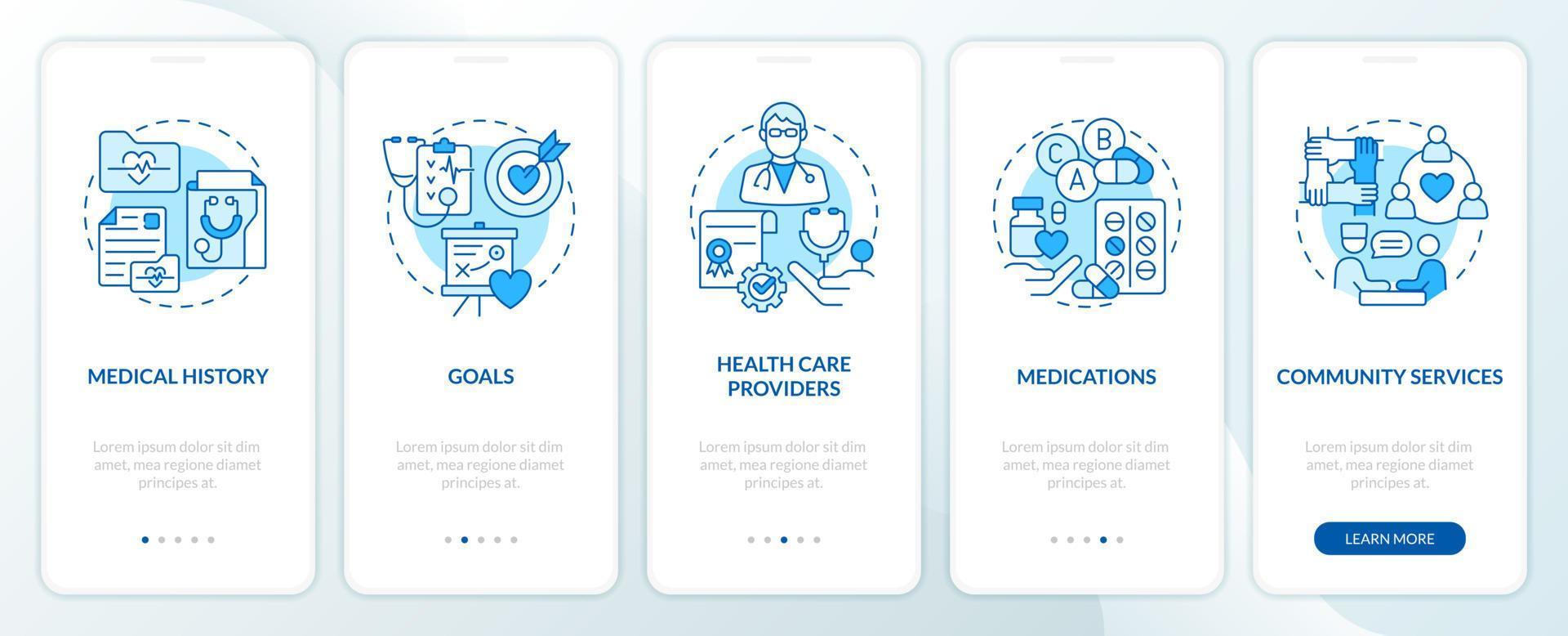 chronisch Krankheit Pflege planen Blau Onboarding Handy, Mobiltelefon App Bildschirm. Komplettlösung 5 Schritte editierbar Grafik Anleitung mit linear Konzepte. ui, ux, gui Vorlage vektor