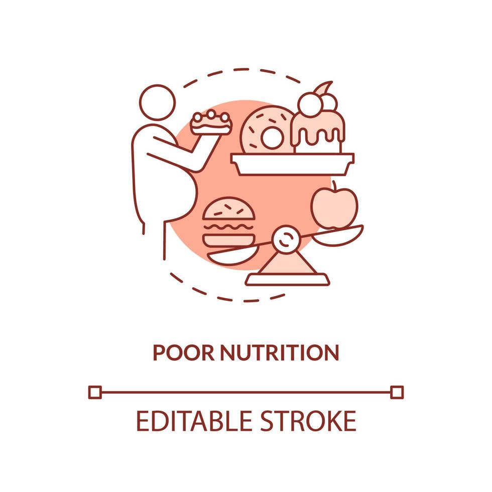 fattig näring röd begrepp ikon. ohälsosam diet. kronisk sjukdom risk faktor abstrakt aning tunn linje illustration. isolerat översikt teckning. redigerbar stroke vektor