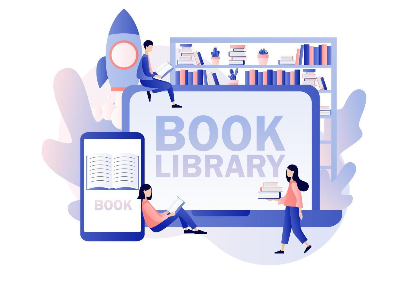 Buch Bibliothek online. Literatur Fans, E-Book, Medien Bibliothek, Lernen online, lesen App. winzig Menschen lesen Bücher. modern eben Karikatur Stil. Vektor Illustration auf Weiß Hintergrund