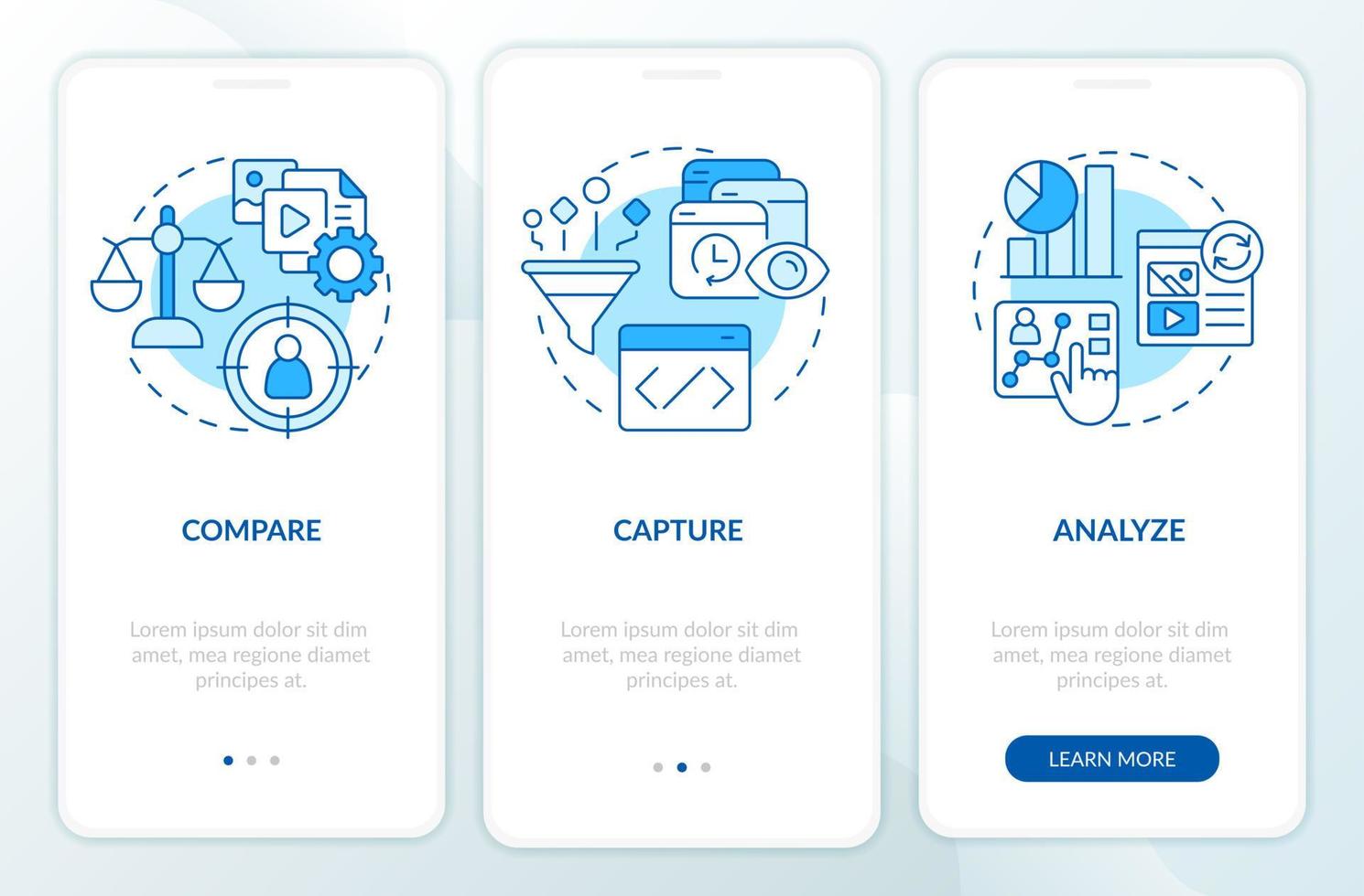 personalisiert Marketing Strategie Blau Onboarding Handy, Mobiltelefon App Bildschirm. Komplettlösung 3 Schritte editierbar Grafik Anleitung mit linear Konzepte. ui, ux, gui Vorlage vektor