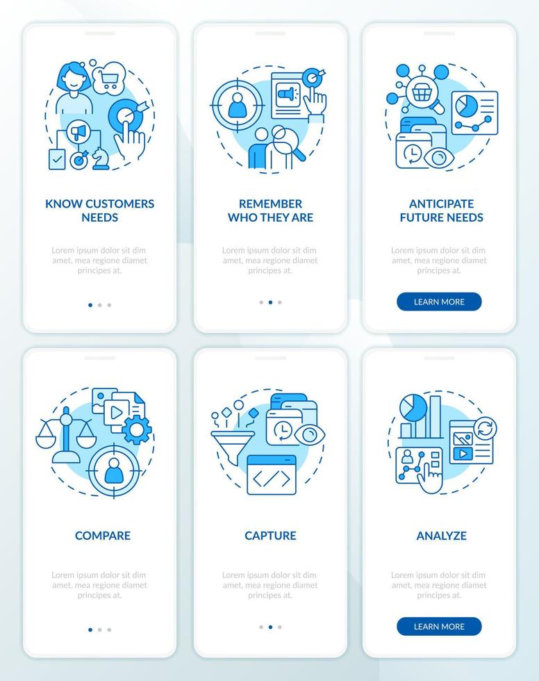 analysieren Kunde Verhalten Blau Onboarding Handy, Mobiltelefon App Bildschirm Satz. Komplettlösung 3 Schritte editierbar Grafik Anleitung mit linear Konzepte. ui, ux, gui Vorlage vektor