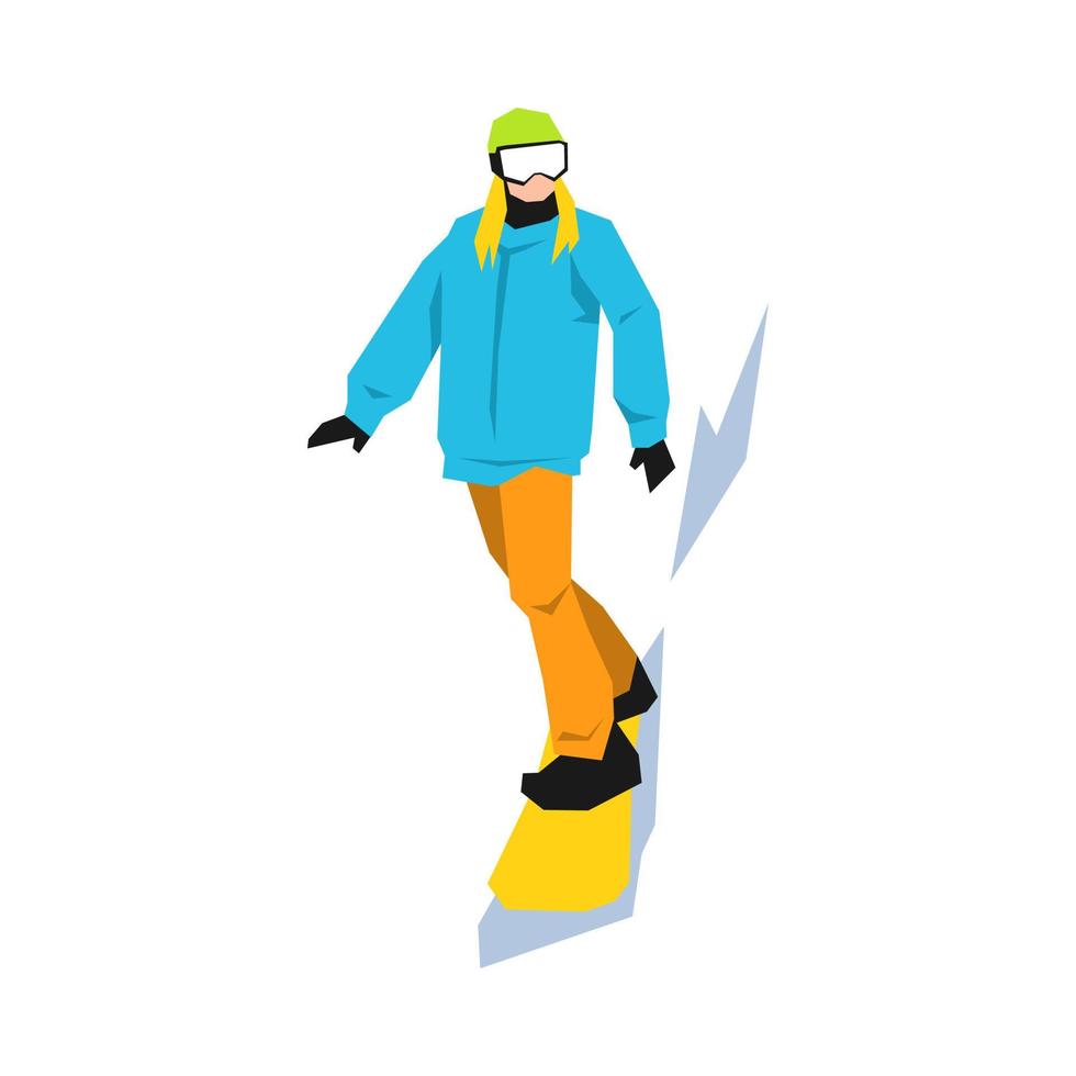 weiblich Snowboarder im Aktion im das Schnee. extrem Sport, Winter. Karikatur eben Vektor Illustration.