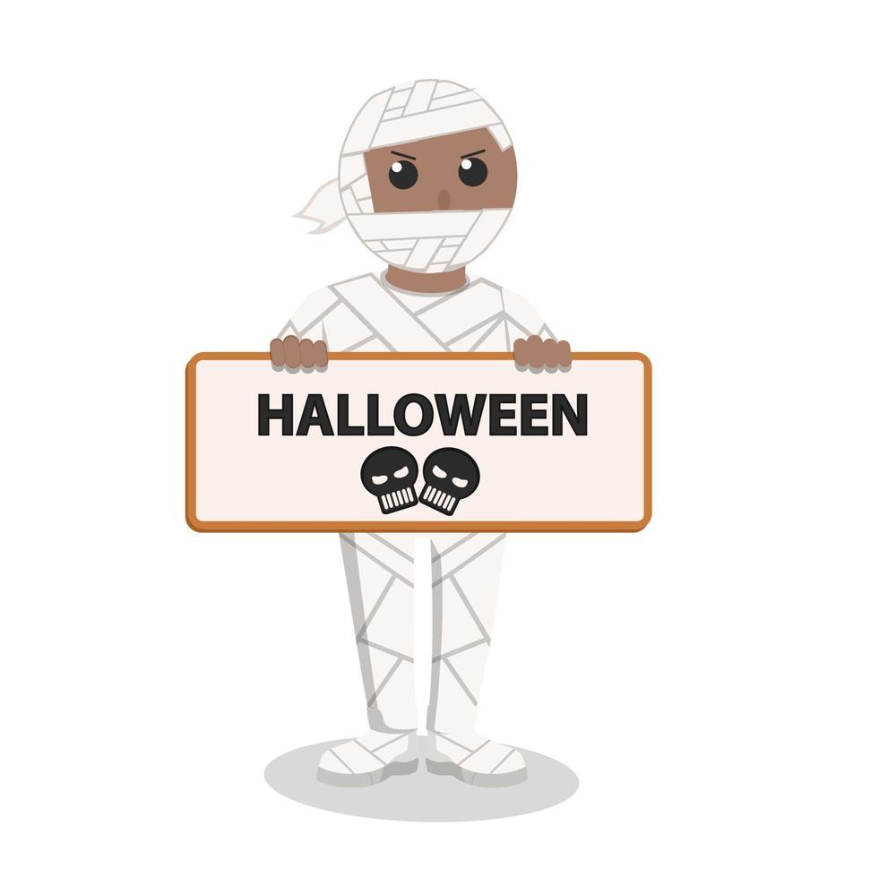 Mann afrikanisch mit Mama Kostüm halten Zeichen Halloween Design Charakter auf Weiß Hintergrund vektor