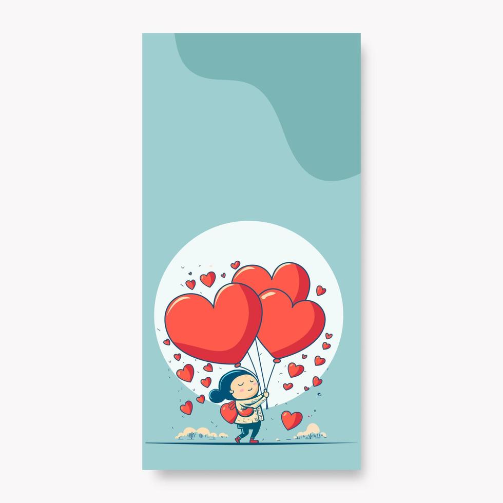 söt liten flicka karaktär innehav hjärtan ballonger med träd på klistra blå bakgrund och kopia Plats. kärlek eller hjärtans dag begrepp. vektor