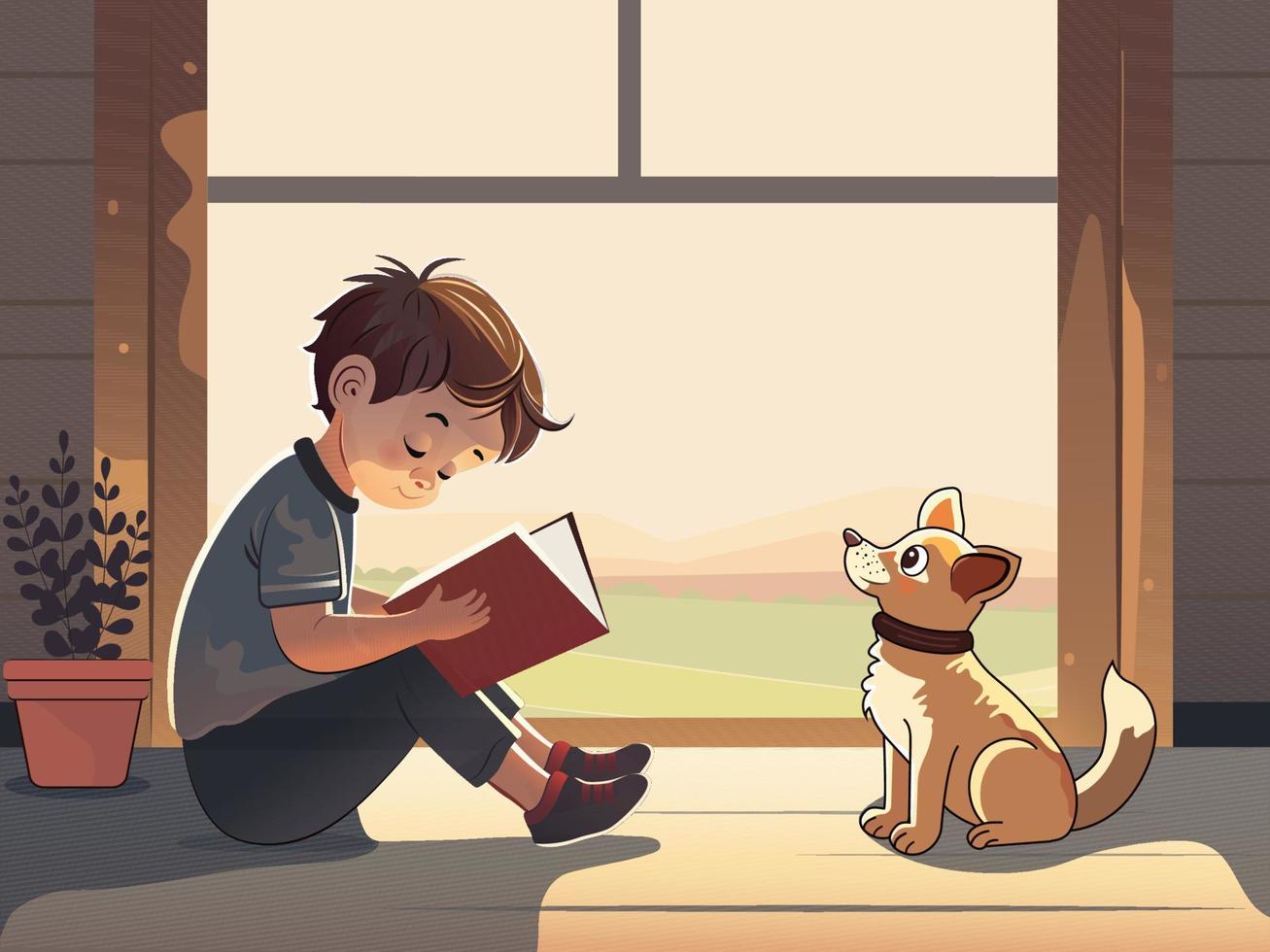 söt pojke karaktär läsning en bok med förtjusande hund Sammanträde, växt vas på fönster bakgrund. vektor