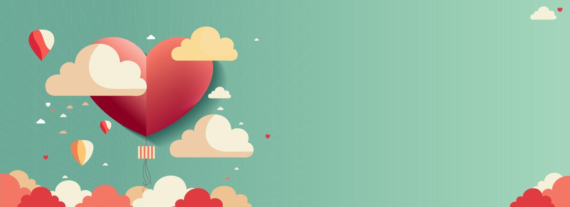 Liebe oder Valentinstag Konzept mit Herz gestalten Ballon, Wolken auf Pastell- Grün Hintergrund. vektor