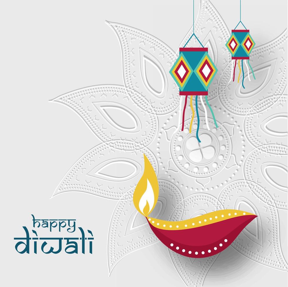 glücklich Diwali Text mit beleuchtet Öl Lampe und hängend Laternen auf Weiß Linie Kunst Mandala Muster Hintergrund. vektor