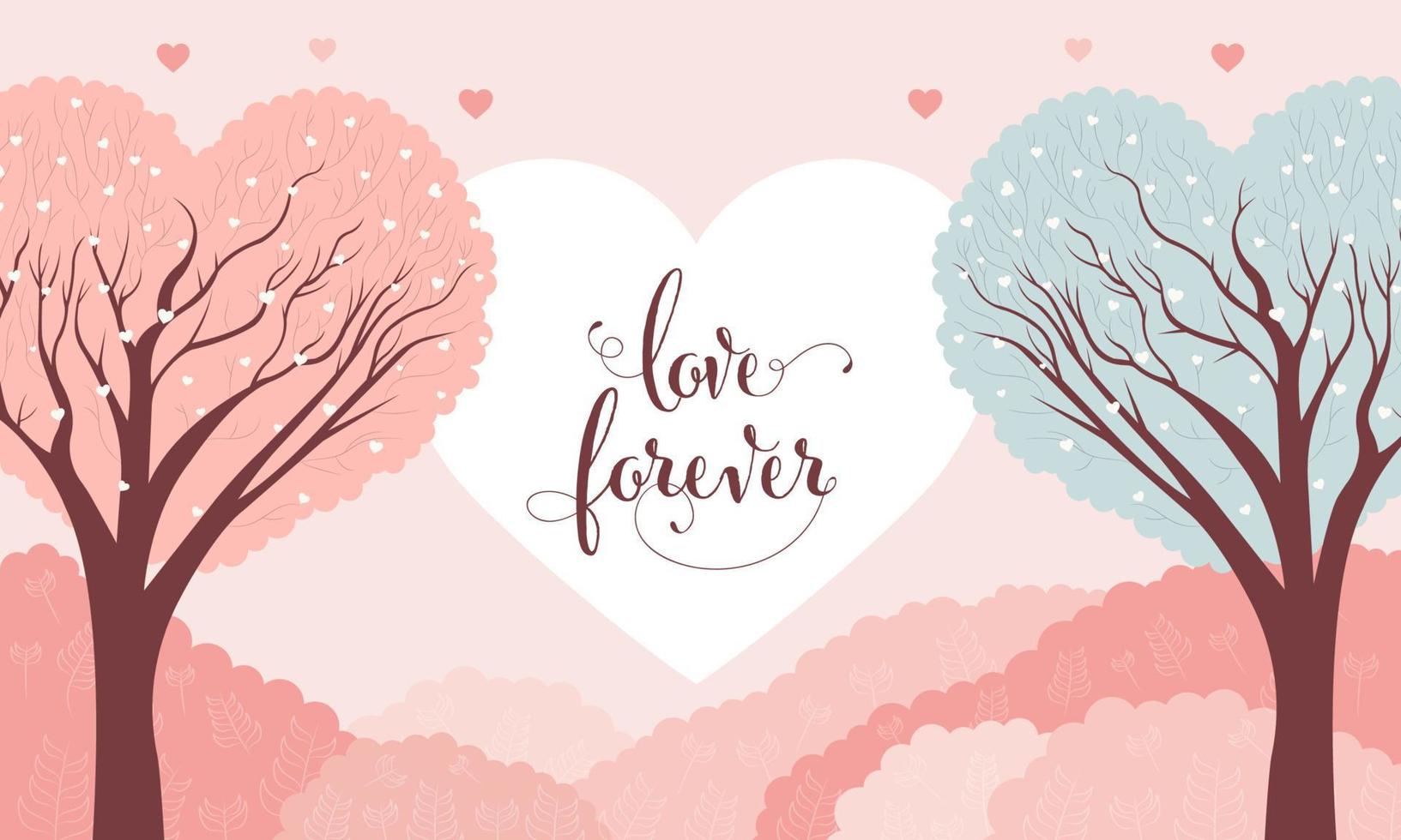 kärlek evigt font med hjärta form träd på pastell rosa bakgrund. Lycklig hjärtans dag begrepp. vektor