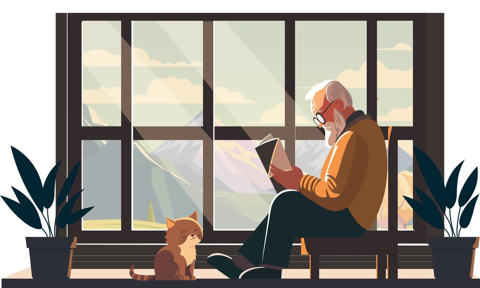 Alten Mann Charakter lesen ein Buch auf Stuhl mit bezaubernd Katze, Pflanze Vase auf Berg Landschaft durch Fenster Hintergrund. vektor