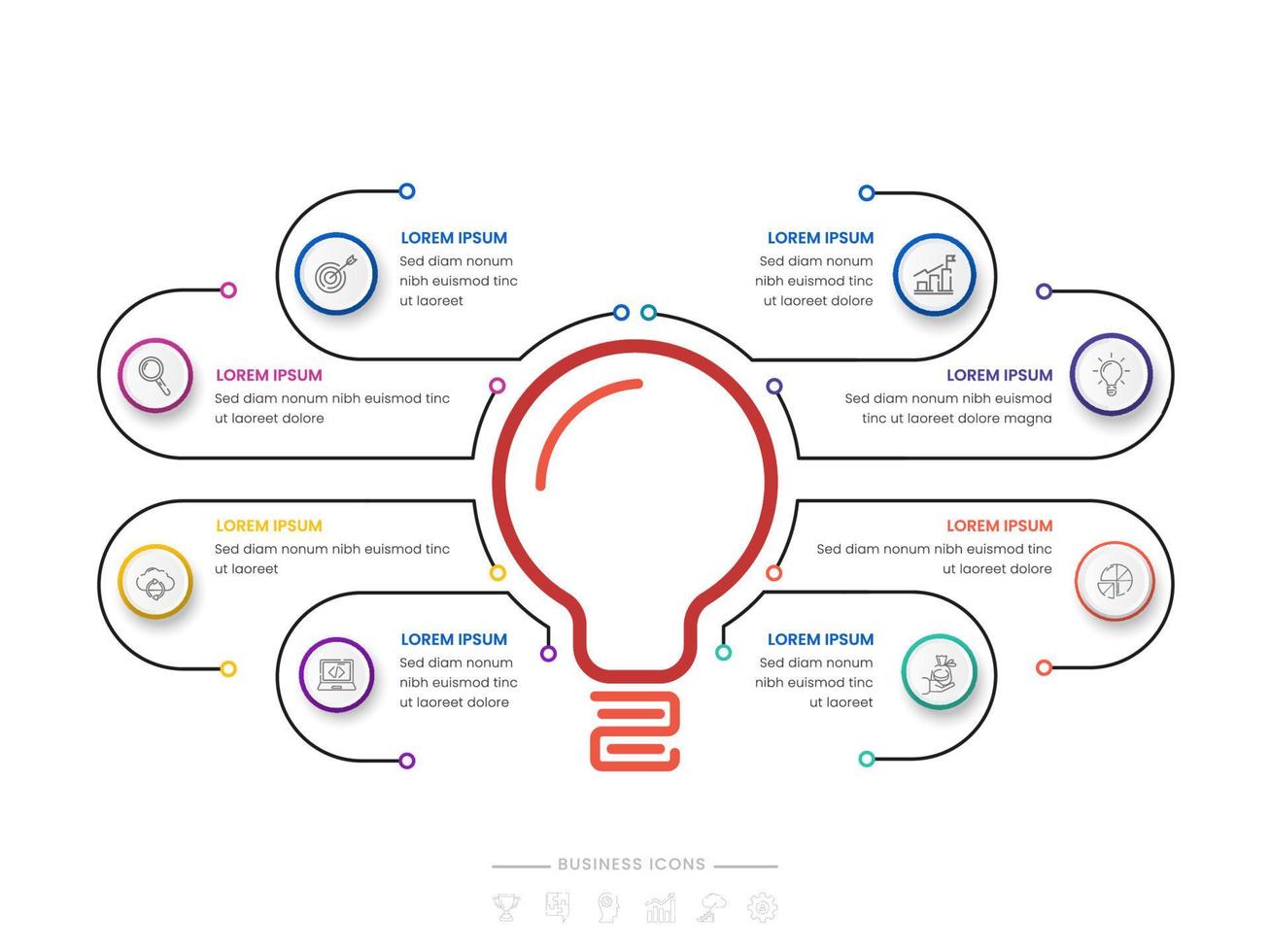 acht Optionen Geschäft Infografik Vorlage mit kreativ Licht Birne. vektor