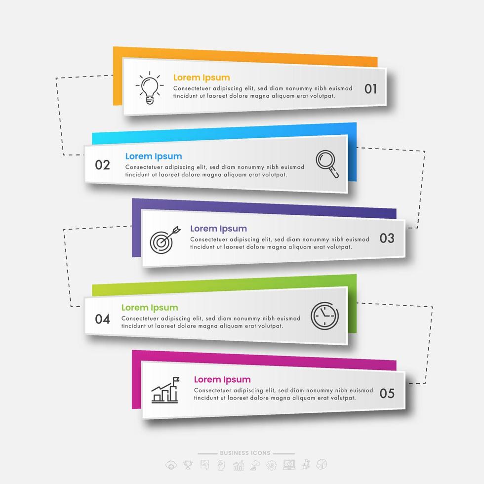 modern Infografiken Vorlage mit 5 Papier Etikette Optionen und dünn Linie Geschäft Symbole. vektor