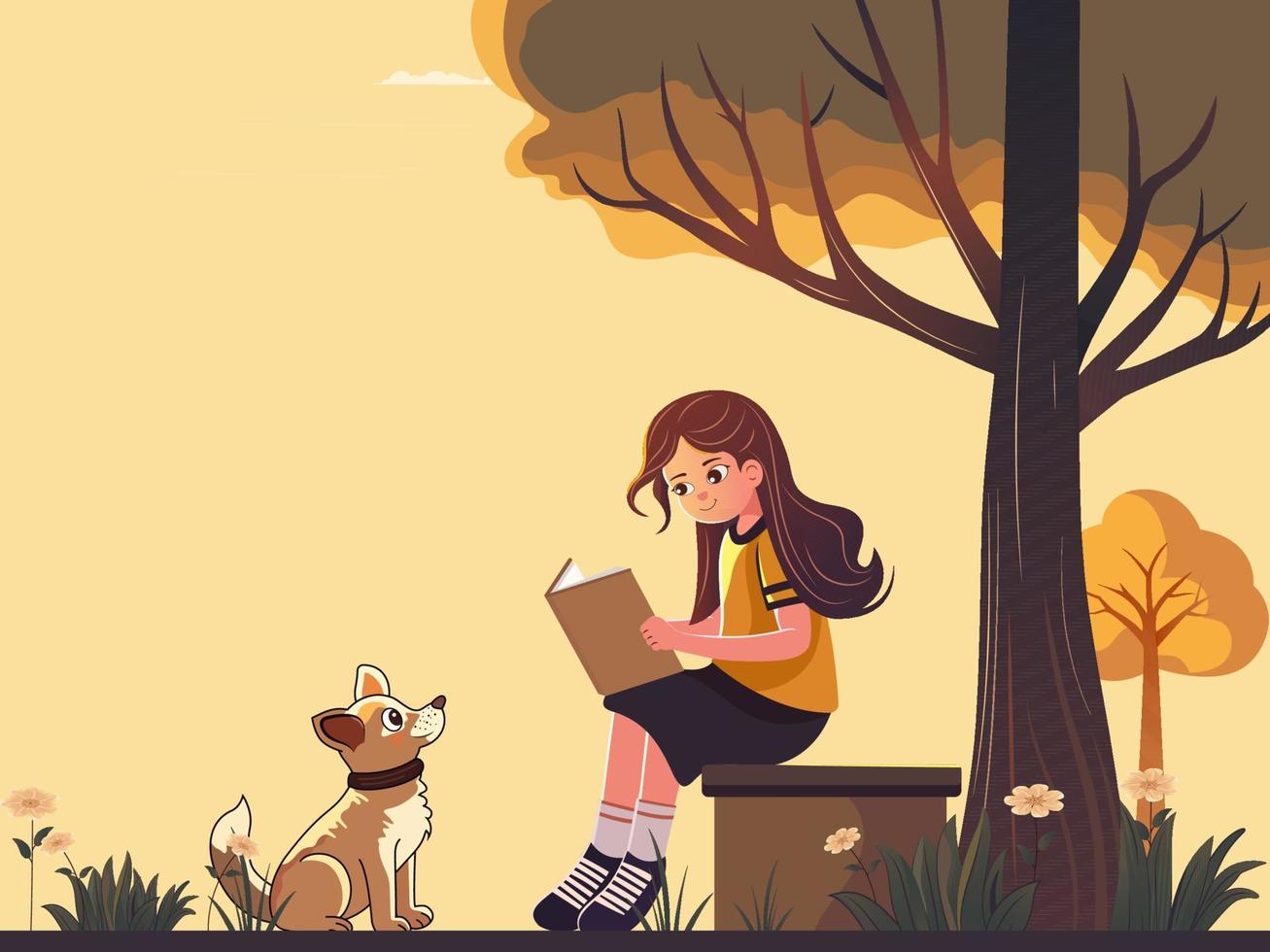ung flicka karaktär läsning en bok på trä- stubbar i främre av förtjusande hund med natur se. vektor